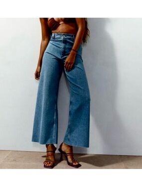 ZARA THE MARINE STRAIGHT HIGH-RISE WIDE-LEG RAW HEM MED BLUE BOHO JEANS Sz8